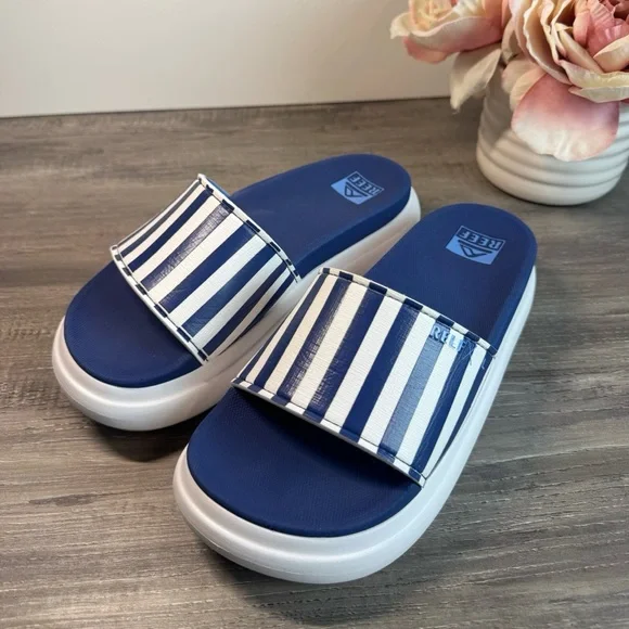 Reef Bondi Bay Blue and White Striped Platform Women's Sandals 7 EUC - Picture 3 of 13